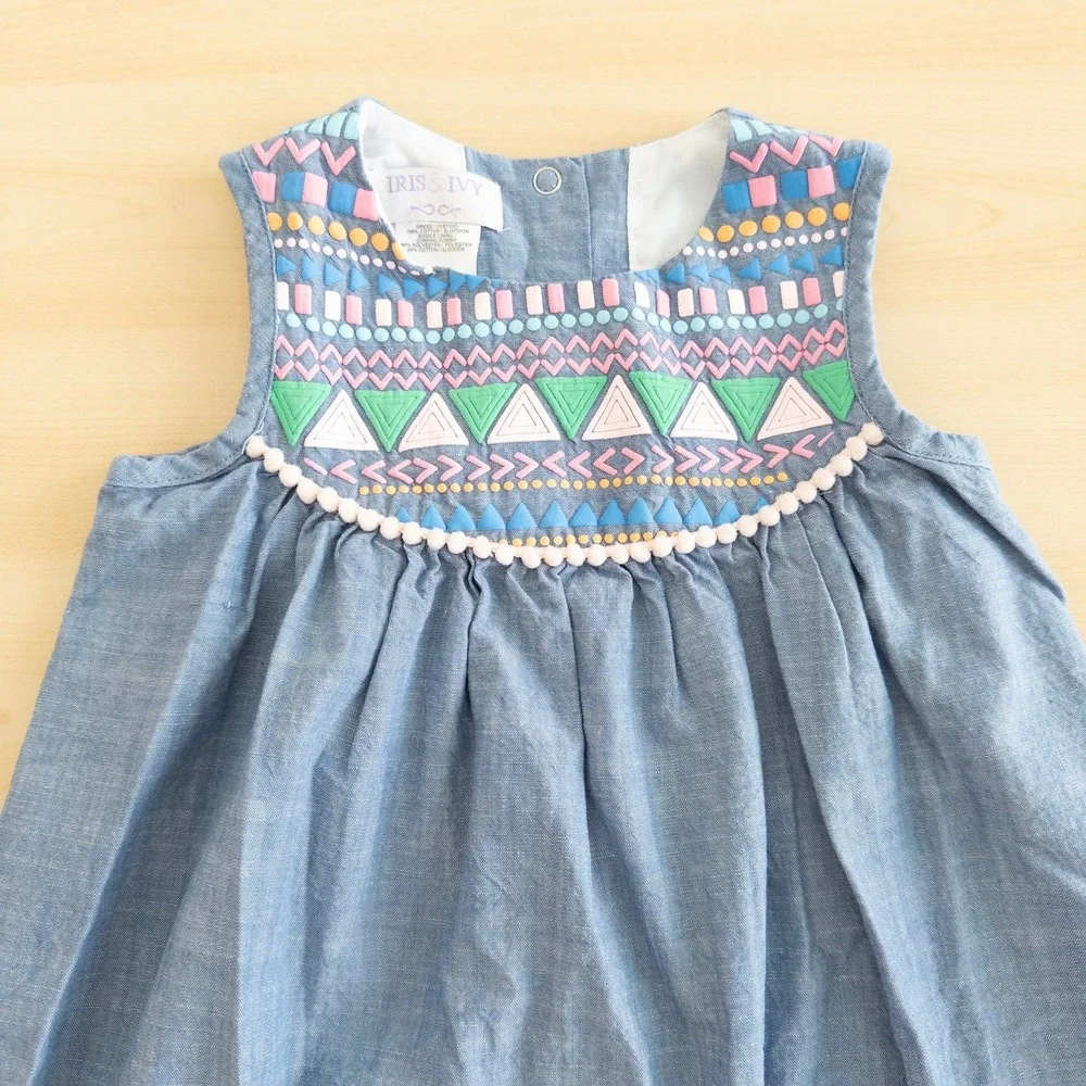 Iris & Ivy Girls Denim Dress Size 5 Blue Chambray Geometric Embroidered‎ Pom Pom